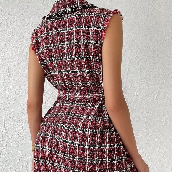 Multicolor Preppy Womens Plaid Pattern Raw Trim Belted Tweed Vest Overcoat - Picture 3 of 5